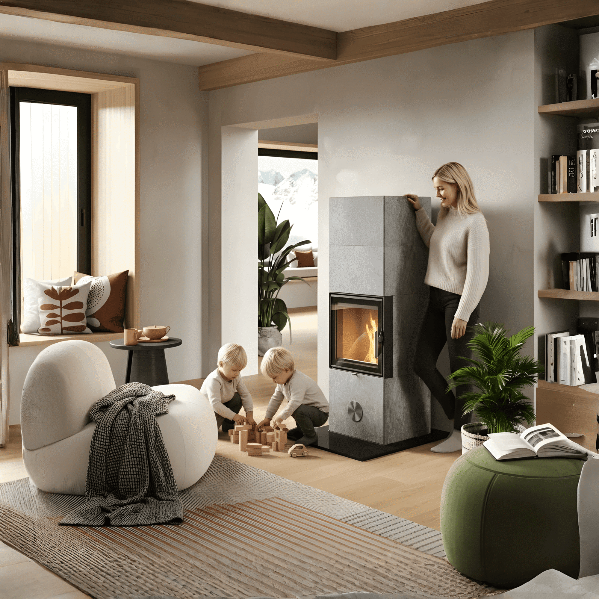 Una stufa pietra ollare rotonda ed elegante, con vetro su tre lati e fuoco acceso, collocata accanto a una grande libreria a muro in legno.